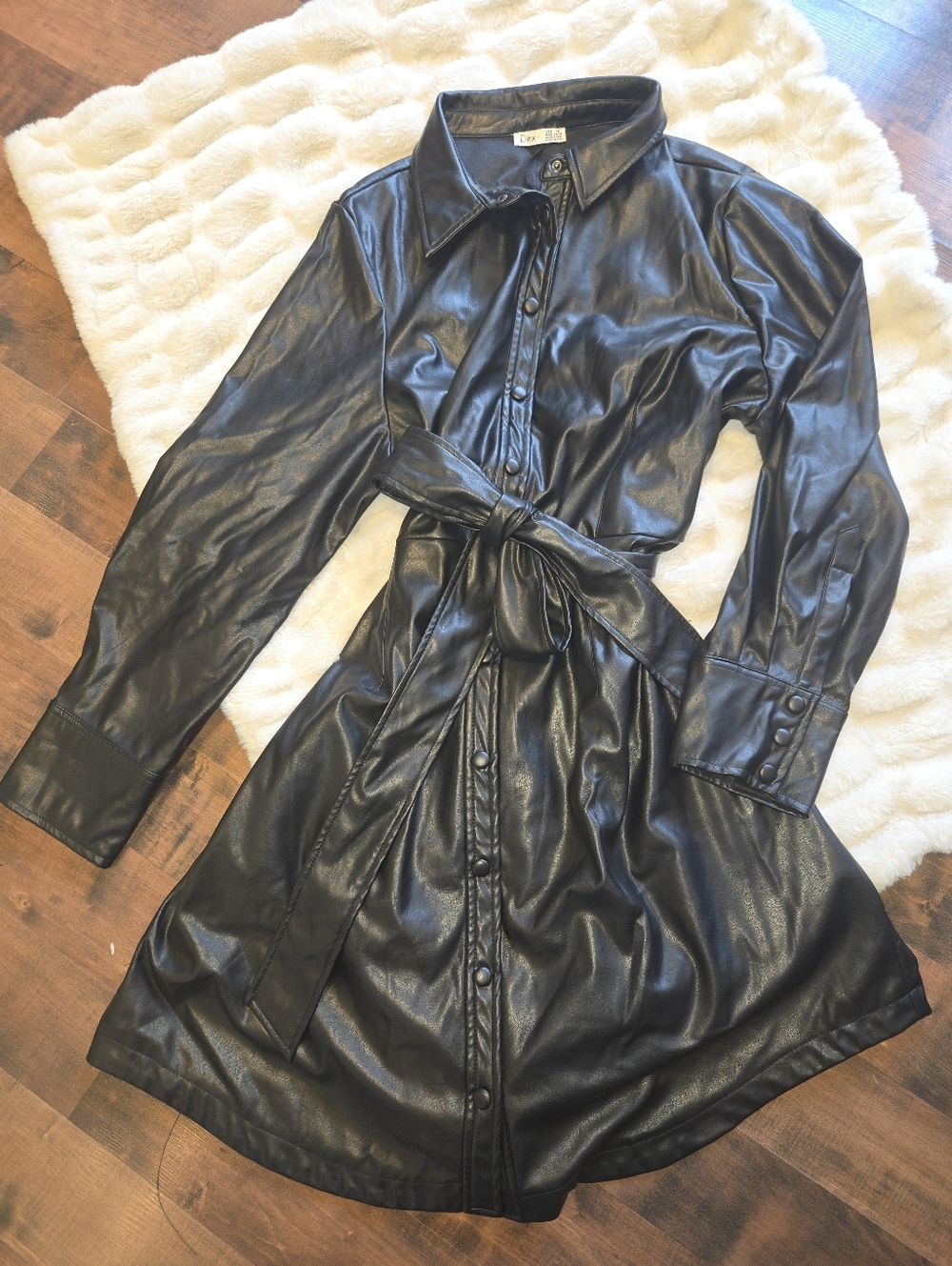 Chic Faux Leather [1X] Trenchcoat Shirt Dress Black Dark Academia Minimalist